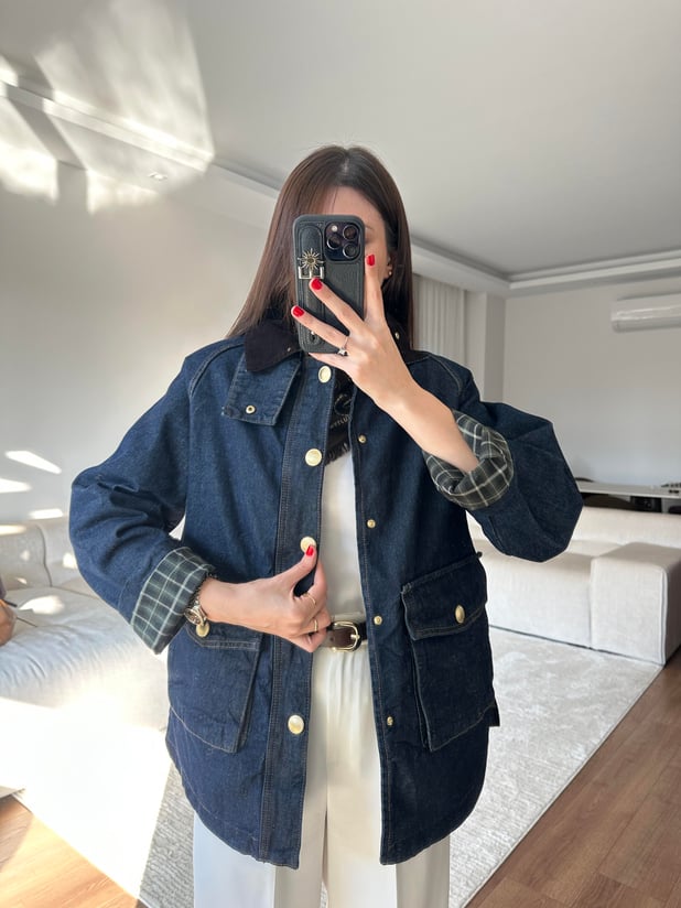 Ekose Detaylı Denim Ceket 