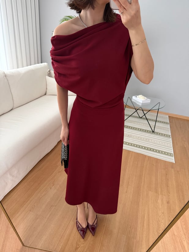 Evienne Kayık Yaka Bordo Renk Elbise