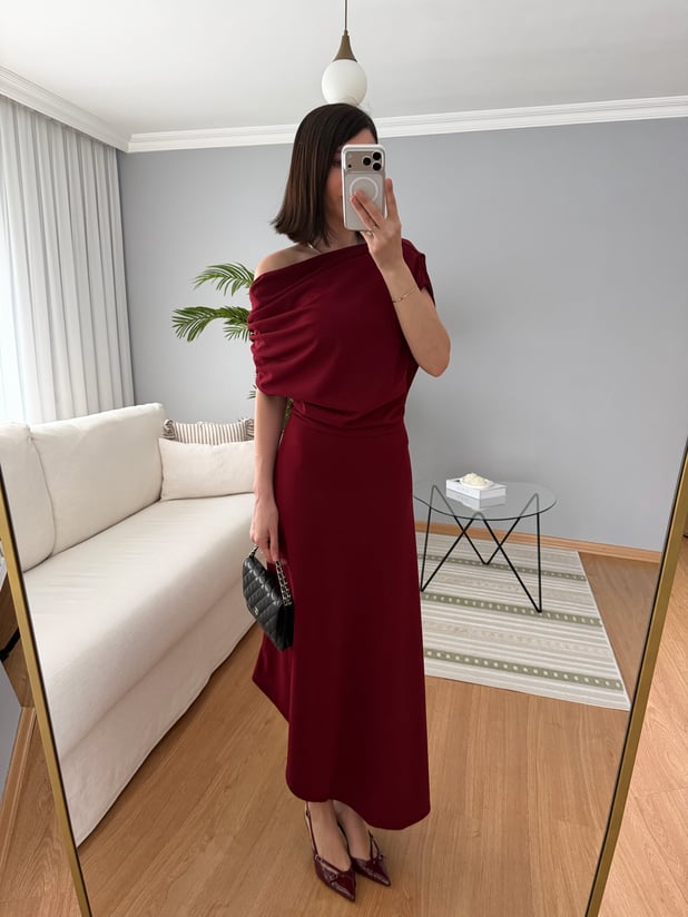 Evienne Kayık Yaka Bordo Renk Elbise