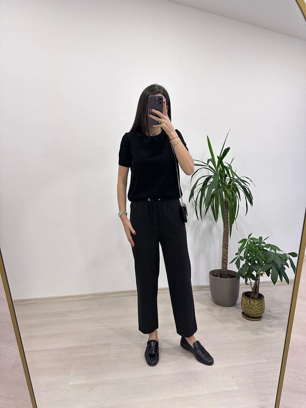 FERIA BELİ LASTİKLİ RAHAT KESİM SİYAH PANTOLON 