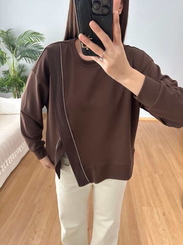 Fermuar Aksesuarlı Kahve Sweatshirt