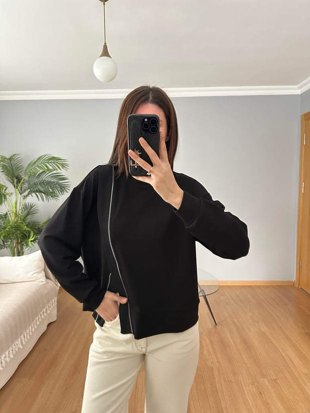 Fermuar Aksesuarlı Siyah Sweatshirt