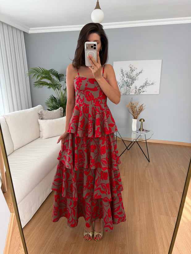 Floral Kırmızı Desenli Elbise 