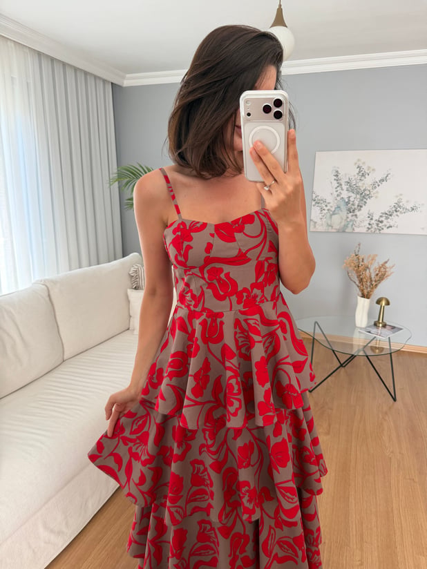 Floral Kırmızı Desenli Elbise 