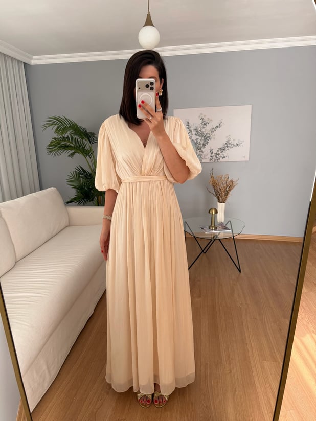Gia İthal Kumaş Bej Rengi Maxi Elbise 