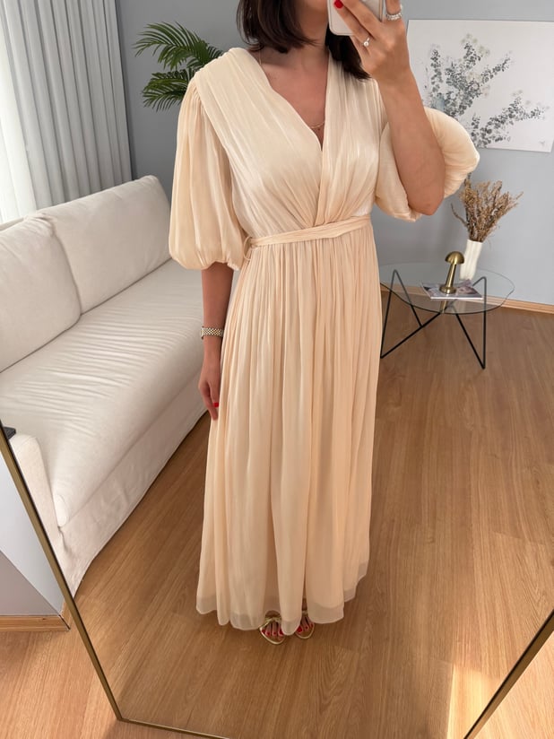 Gia İthal Kumaş Bej Rengi Maxi Elbise 