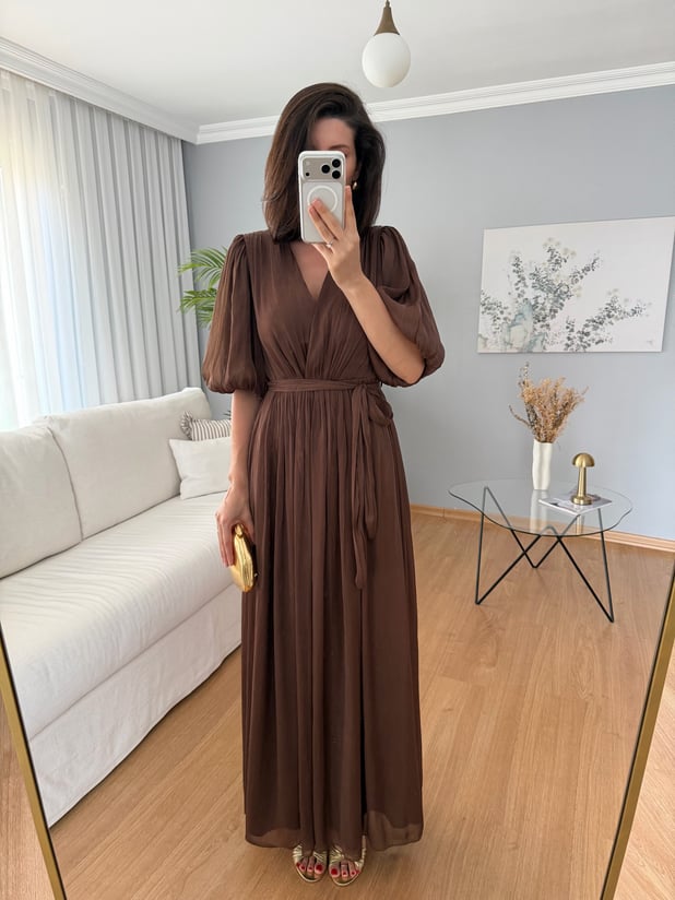 Gia İthal Kumaş Kahve Rengi Maxi Elbise 