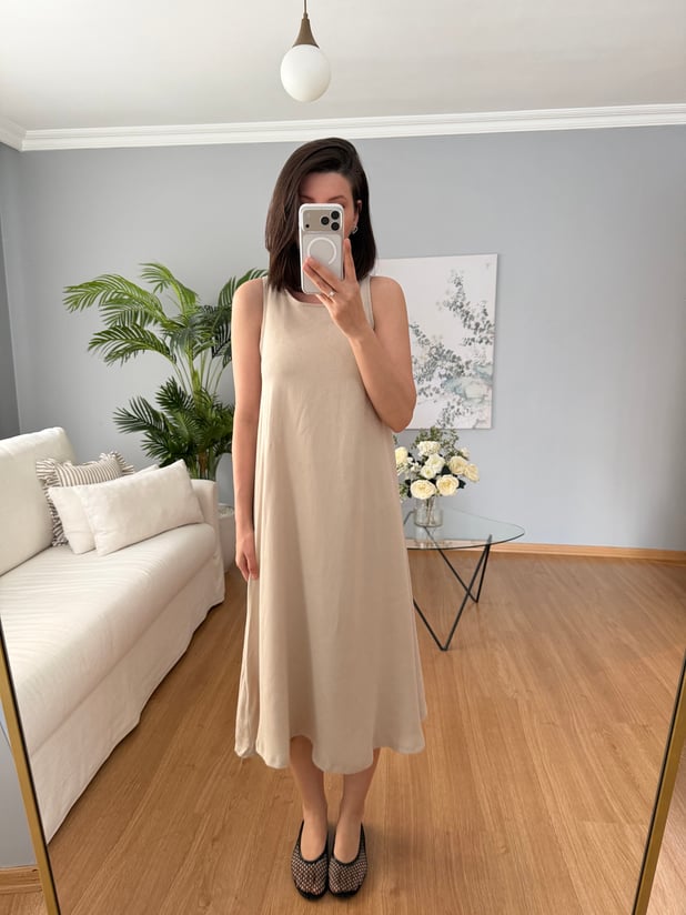 Jacquard Kloş Kesim Bej Rengi Elbise