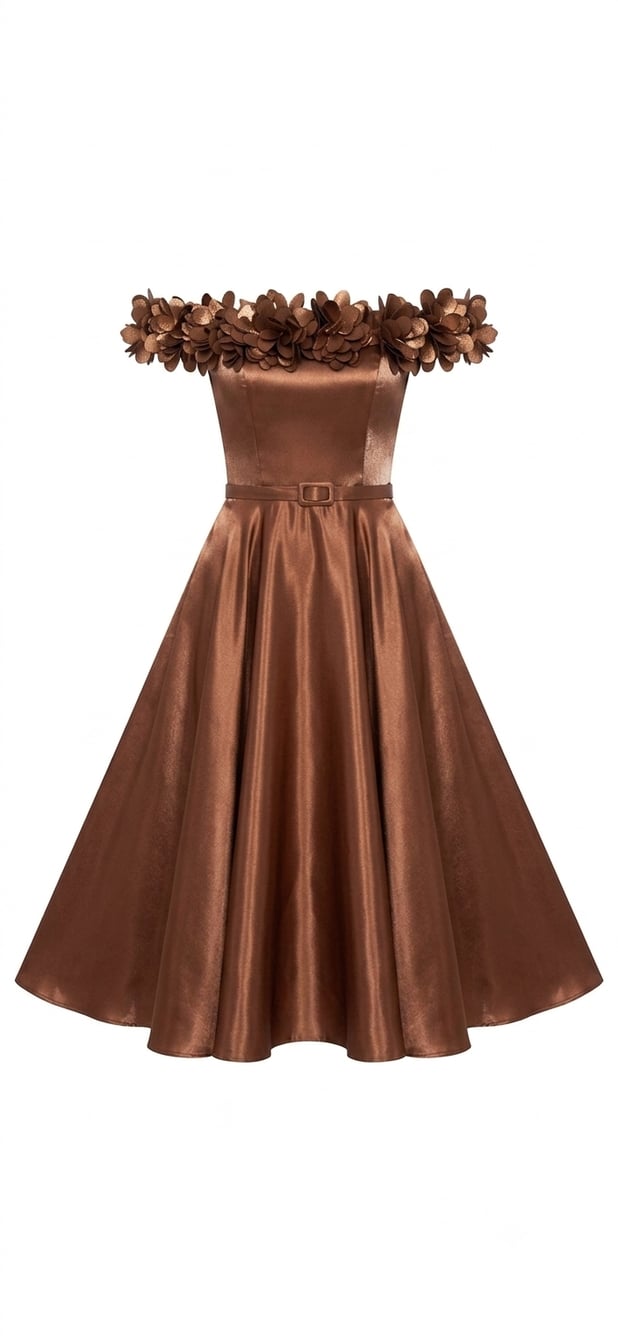 Kahve Rengi Blossom Satin Midi Elbise 