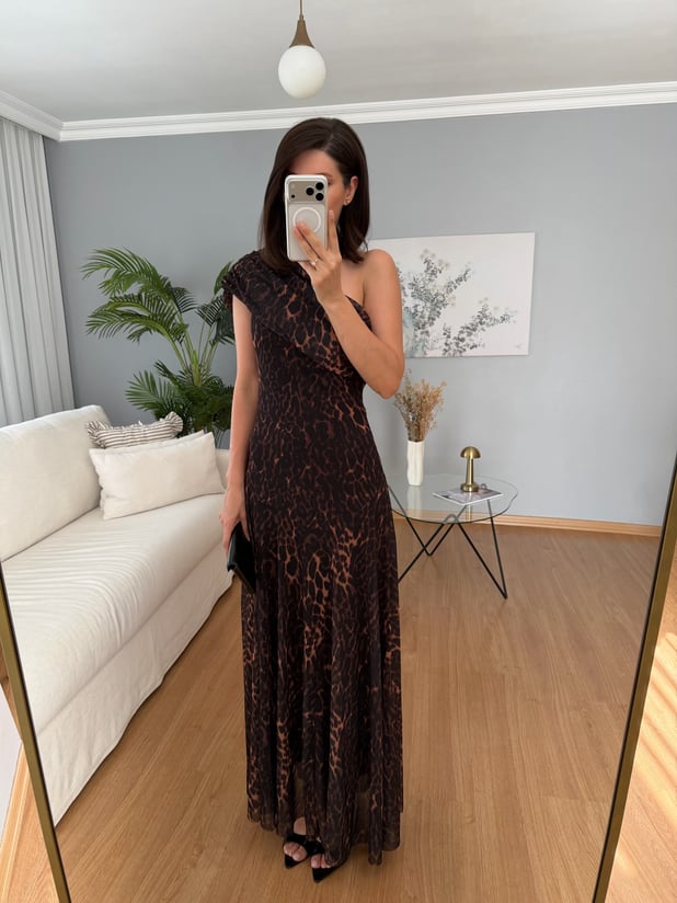 Kayık Yaka Leopar Desenli Elbise