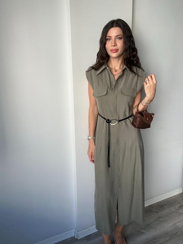 Kemer Detaylı Tencel Haki Elbise 