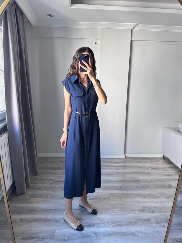 Kemer Detaylı Tencel Lacivert Elbise 
