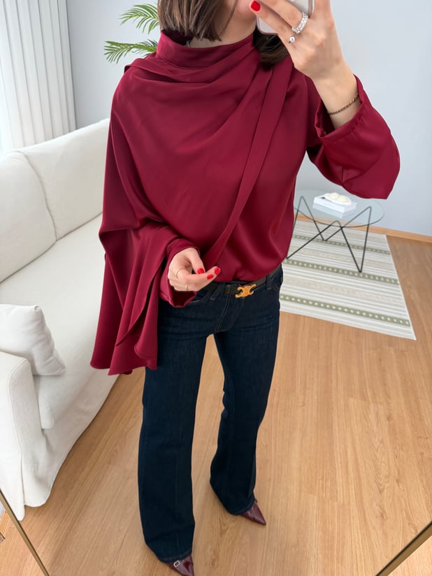 Kendinden Şallı Bordo Saten Bluz