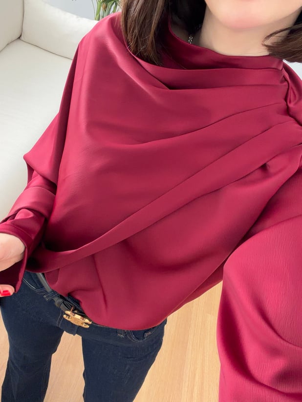 Kendinden Şallı Bordo Saten Bluz