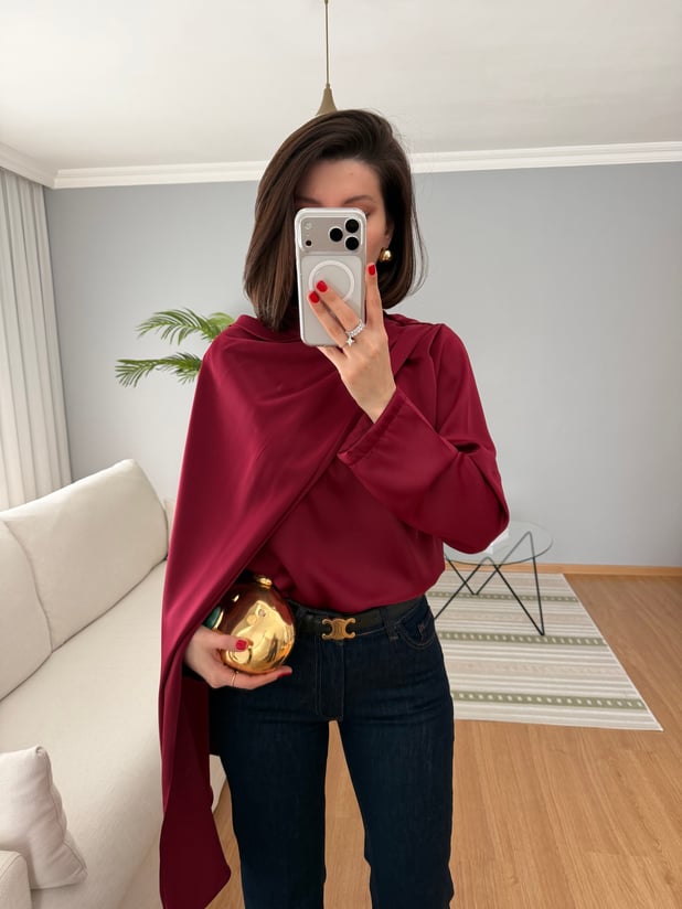 Kendinden Şallı Bordo Saten Bluz