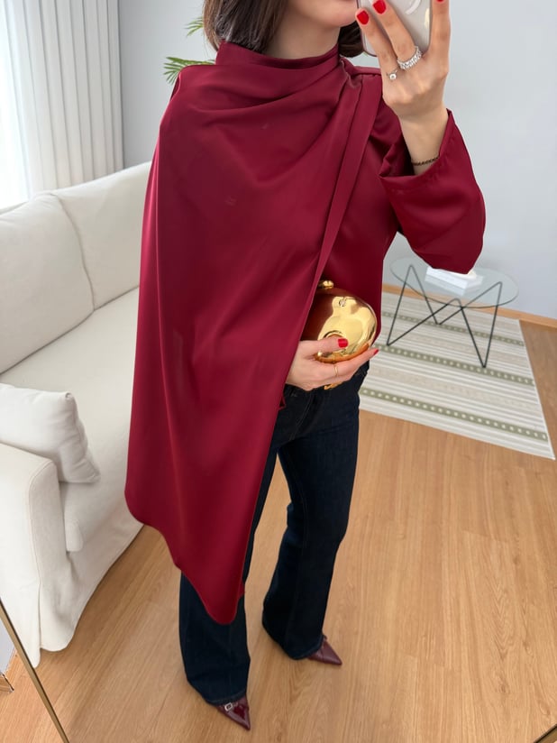 Kendinden Şallı Bordo Saten Bluz