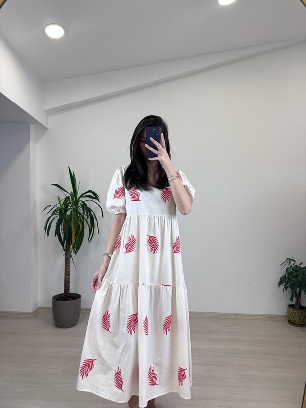Kırmızı Desenli Maxi Elbise 