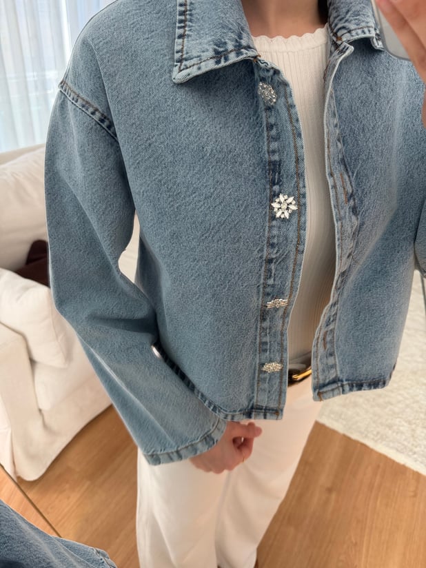 Kristal Düğmeli Denim Ceket