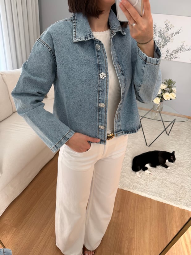Kristal Düğmeli Denim Ceket