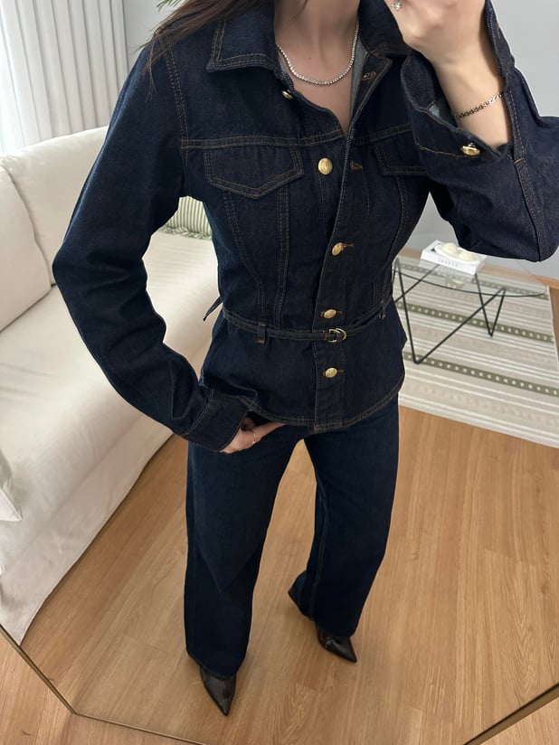 Lavienne Belden Oturan Kemerli Denim Ceket