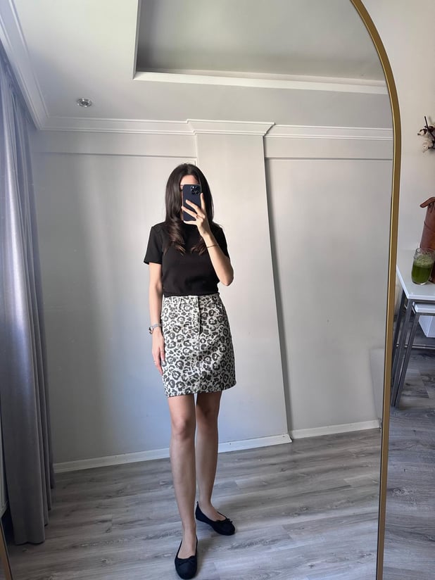 Leopar Desenli Denim Etek 