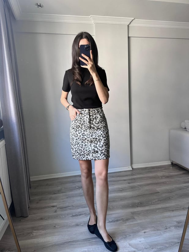 Leopar Desenli Denim Etek 