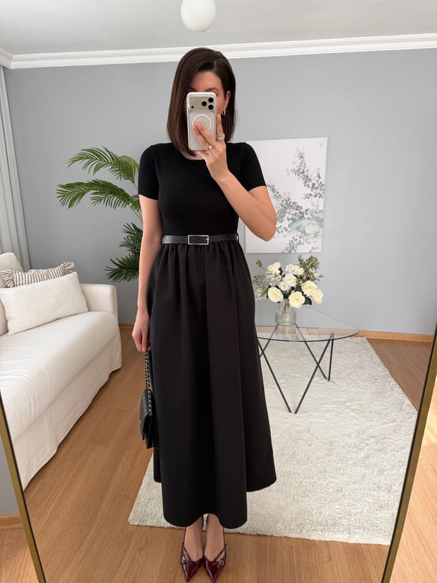 Linsia Siyah Kemerli Elbise 