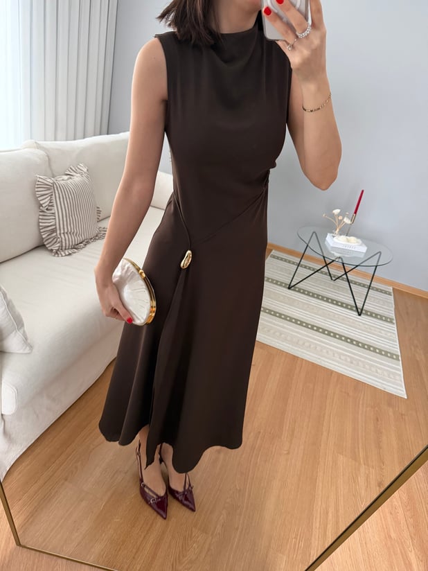 Lumino Yırtmaçlı Kahve Rengi Elbise 