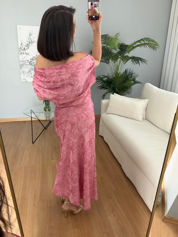 Marfil Saten Dokulu Pembe Elbise 