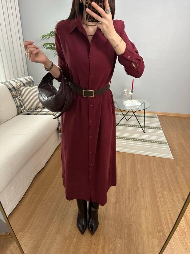 Maria Süet Kemerli Bordo Tensel Elbise