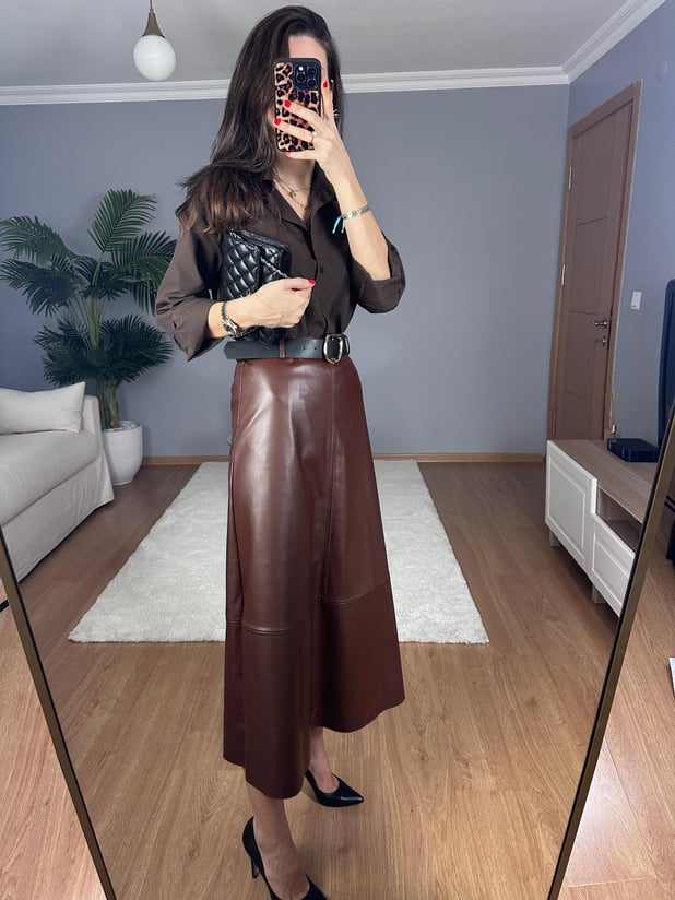 Maxi Kahve Deri Etek