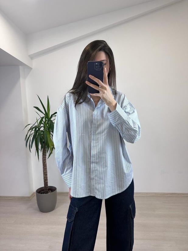 MELINA PAMUKLU ÇİZGİLİ MAVİ GÖMLEK 