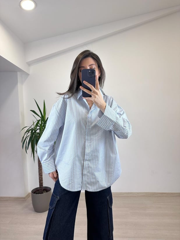 MELINA PAMUKLU ÇİZGİLİ MAVİ GÖMLEK 