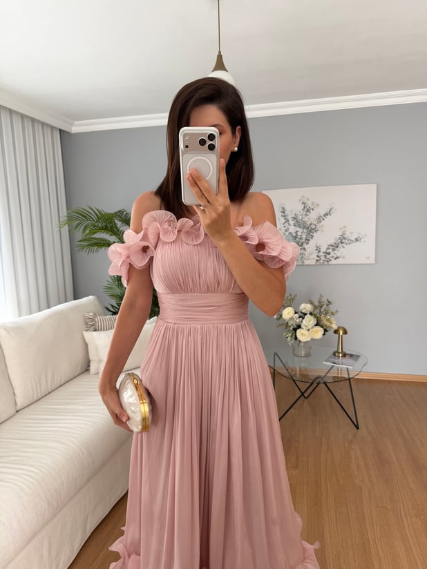 Mirella İthal Kumaş Gül Kurusu Rengi Volanlı Elbise 