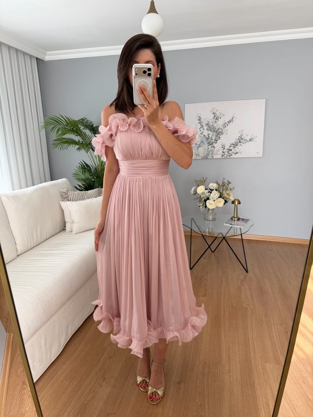 Mirella İthal Kumaş Gül Kurusu Rengi Volanlı Elbise 