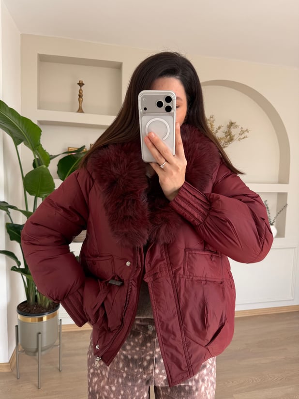 Mocka Kürk Yaka Bordo Rengi Şişme Mont