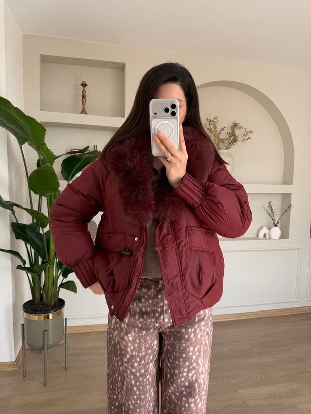 Mocka Kürk Yaka Bordo Rengi Şişme Mont