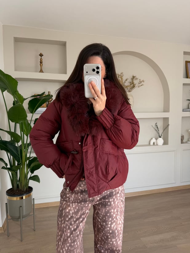 Mocka Kürk Yaka Bordo Rengi Şişme Mont