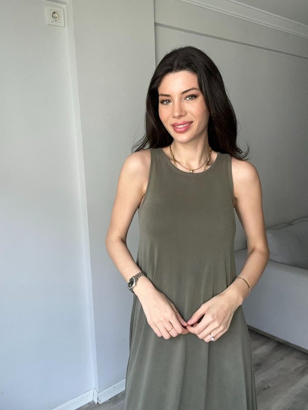 Modal Kumaş Rahat Kesim Haki Elbise 