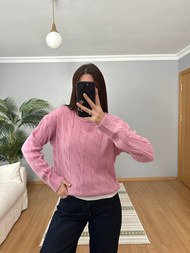 Örgü Motifli Pembe Kazak
