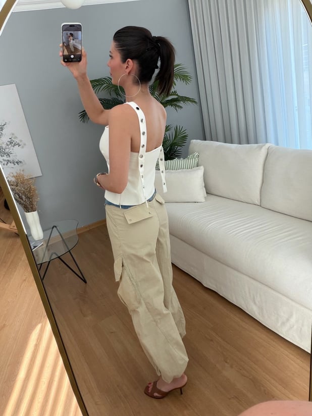 Parachute Denim Detaylı Bej Rengi Kargo Pantolon