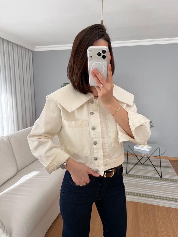 Pelerin Yaka Ekru Denim Ceket 