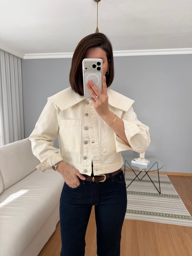 Pelerin Yaka Ekru Denim Ceket 