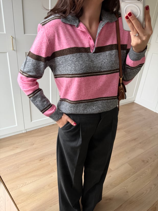 Pembe Gri Çizgili Polo Yaka Triko