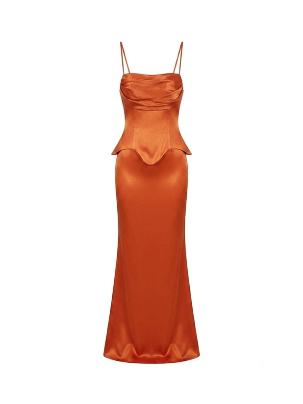 Peplum Işıltılı Bronz Turuncu Uzun Elbise