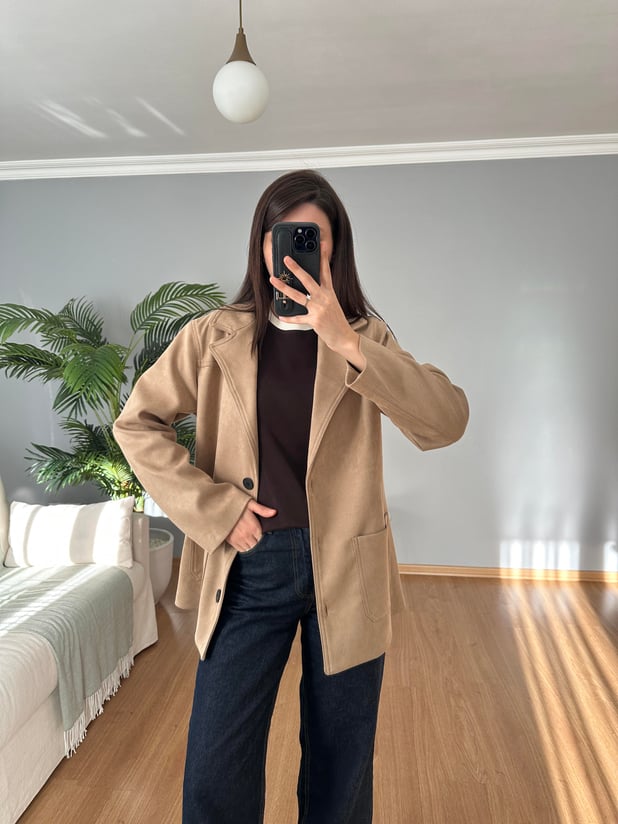 Premium Bej Kuşaklı Süet Ceket 