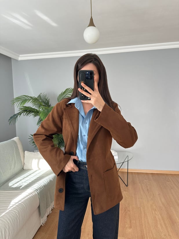 Premium Kahve Kuşaklı Süet Ceket 