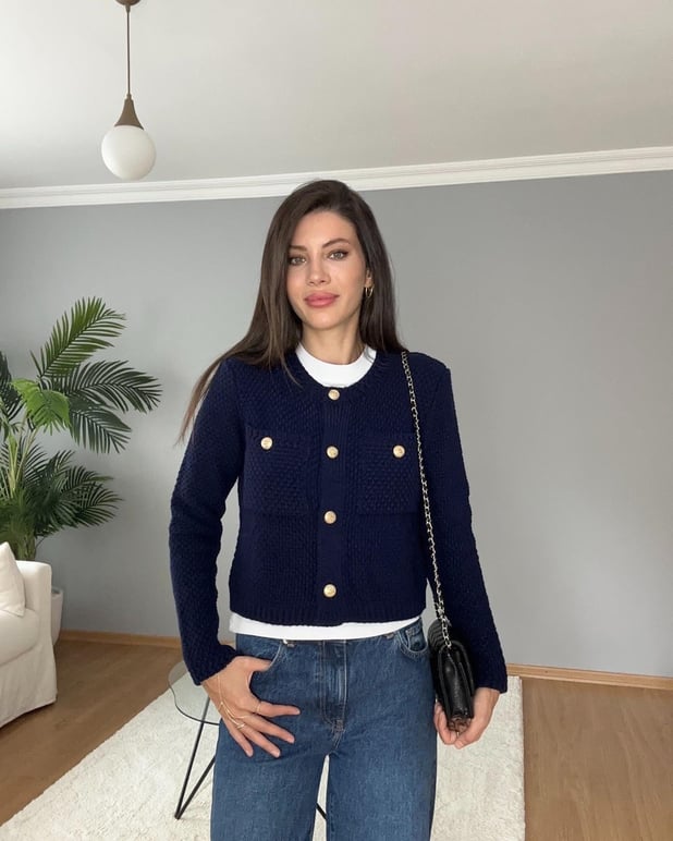 Sık Örme Gold Düğmeli Lacivert Hırka 