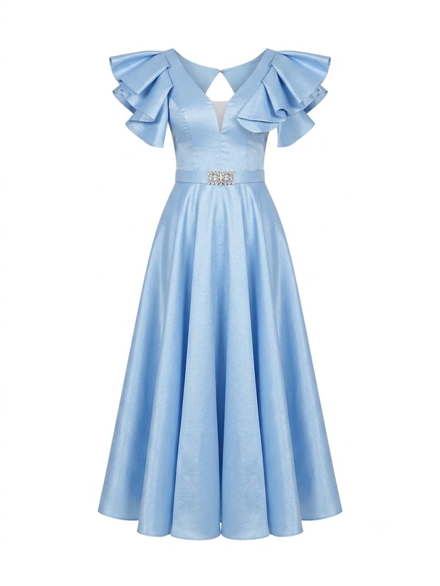 Sindy Baby Blue Taşlı Kemerli Maxi Elbise