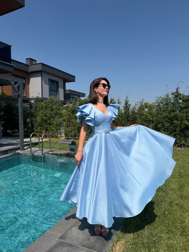 Sindy Baby Blue Taşlı Kemerli Maxi Elbise